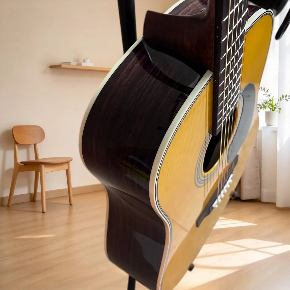 Amber 41 Inch 6 String Spruce Top D28 Acoustic Guitar Black Teardrop Pickguard Dot Inlay Perfect for Beginners Singing Practice Holiday Gift