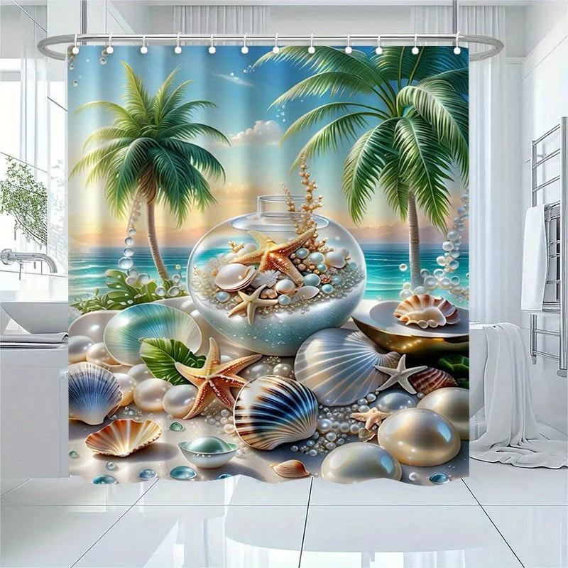 

1 шт. тропическая пляжная занавеска для душа с дизайном морской звезды и ракушек — яркие пальмы и сцена океана, полиэстер, машинная стиральная машина