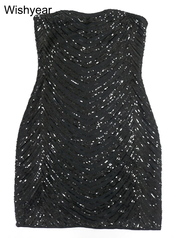 新しいセクシーなスパンコールナイトクラブストラップレスミニドレス女性のためのノースリーブボディコンエレガントな誕生日パーティーウエディングイブニングドレス夏