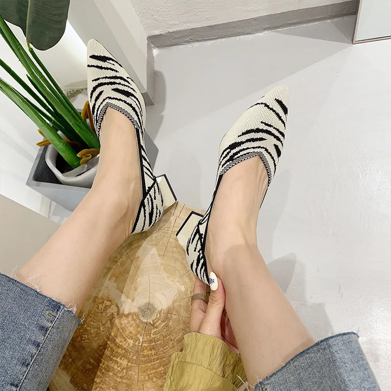 Women shoes fashion color-blocking high-heeled shoes pointed thick heel knitting fashion breathable non-slip 2023 new spring aut