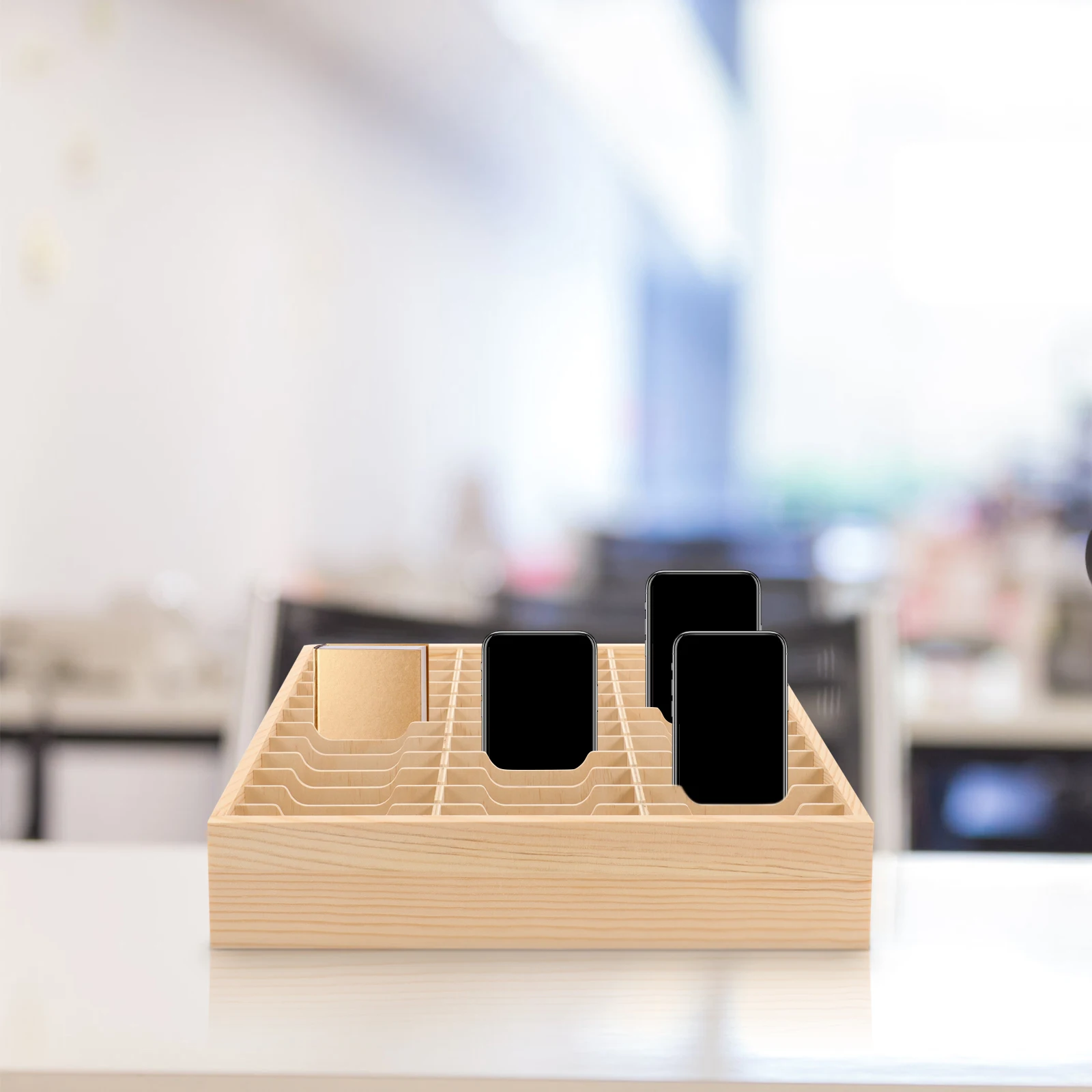

Wooden Storage Box Desktop Organizer Holder for Classroom Office Cell Phone Rack Home Supplies Multi-Grid Phone Holder Cellphone
