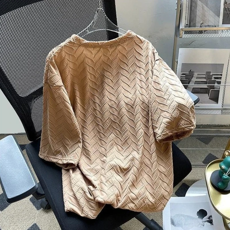 Women Summer Thin Light Weight Ice Silk Jacquard Solid Color Simple Short Sleeve T Shirt Loose Fit Casual Top Niche Unique