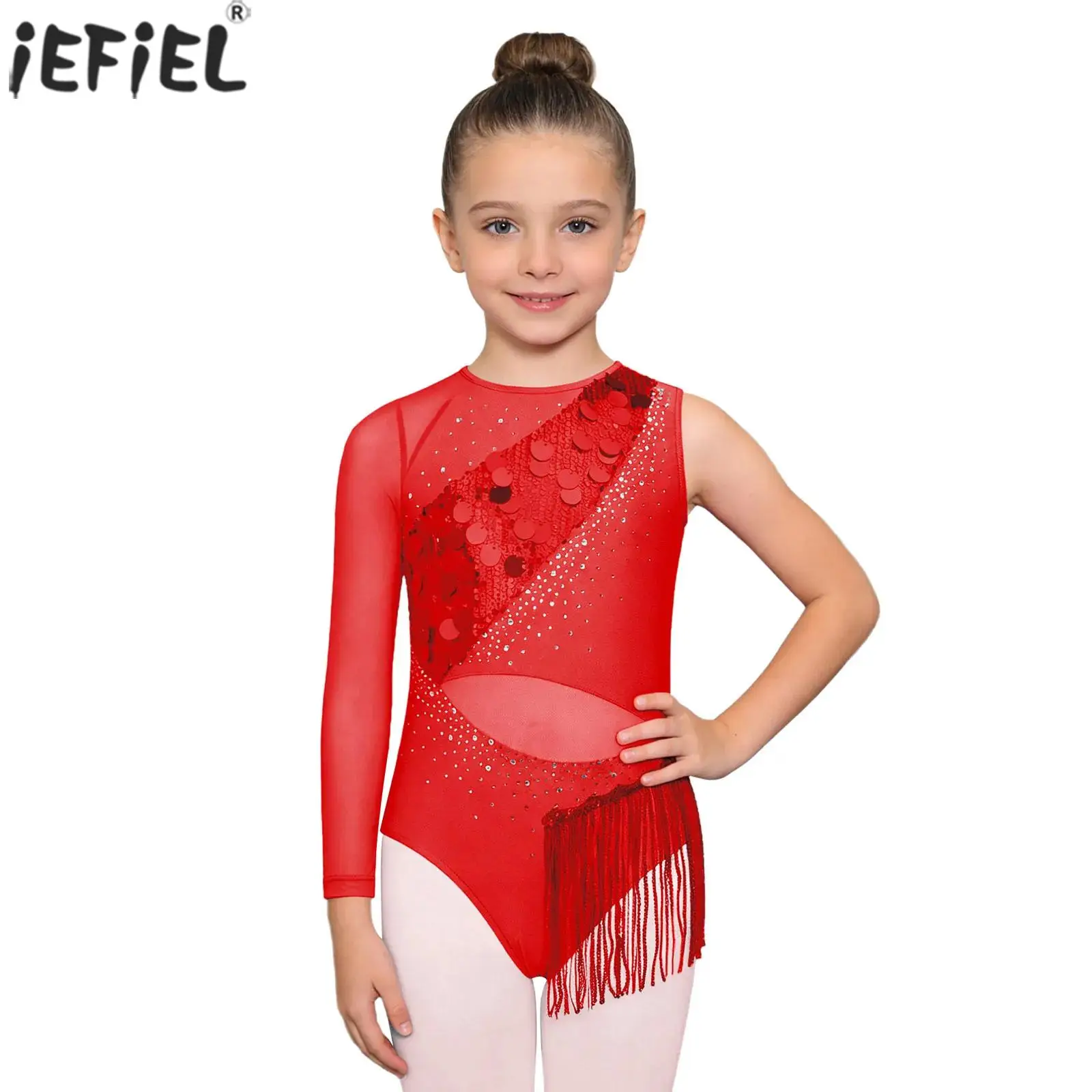 Kids Girls Latin Dance Costume Glittery Rhinestones Sequins Tassel Leotard Mesh Asymmetrical Bodysuit Jazz Tango Samba Dancewear