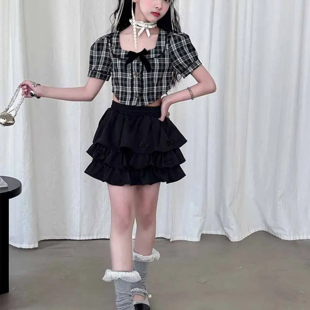 كعكة اللباس الحلو الفتيات ارتداء دعوى المراهقين حزب تي شيرت منقوشة تنورة مجموعة Preppy نمط زي قصيرة الأكمام الأطفال ملابس الصيف