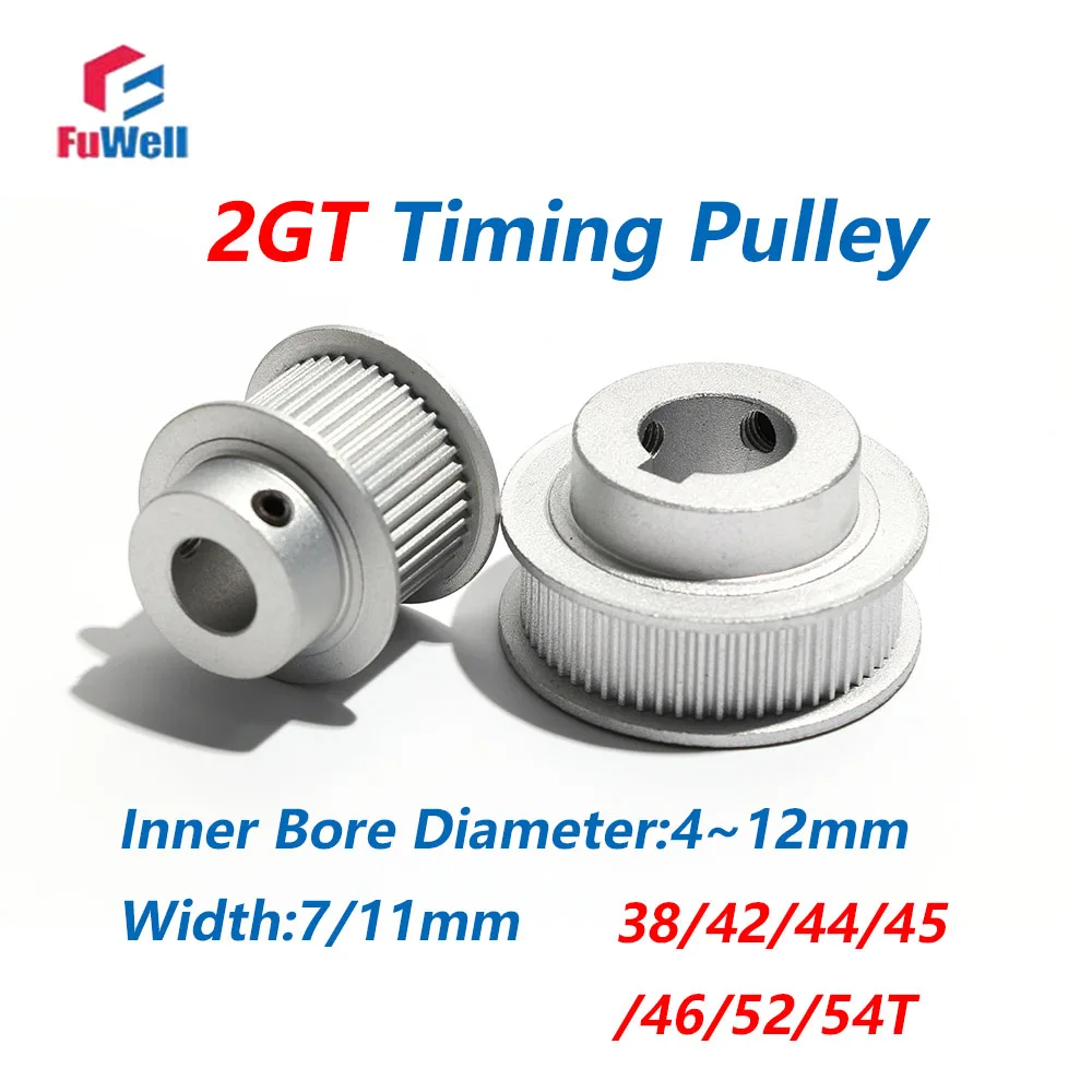 

FuWell 38/42/44/45/46/52/54T Teeth GT2 Timing Pulley Synchronous Wheel Bore 5~15mm Belt Width 7/11mm Tensioning 2GT Belt Pulleys