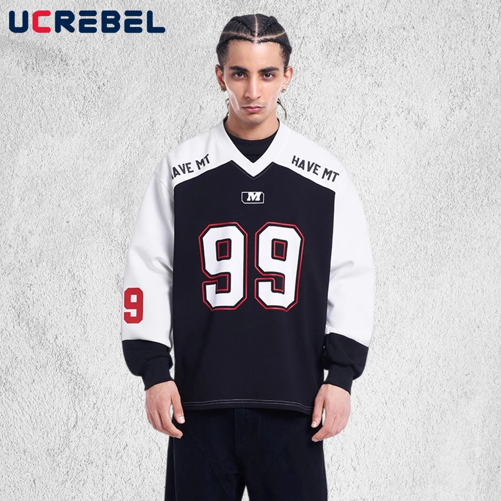 

Толстовки с контрастными панелями, мужские толстовки с двусторонним принтом в стиле ретро, уличные осенние свободные толстовки с v-образным вырезом и длинными рукавами для мужчин