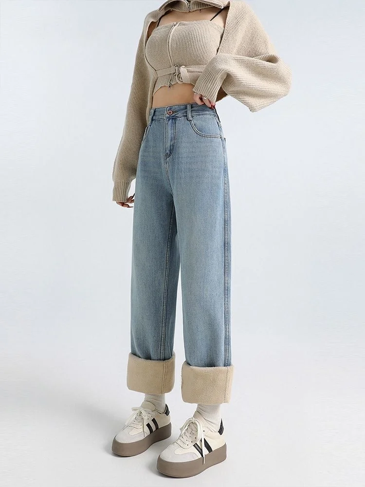 plus Size Fce Lined Straight Leg Jeans Women's Thiened Retro American Sle Loose Fit Wide Leg Pants Autumn Winter New A...