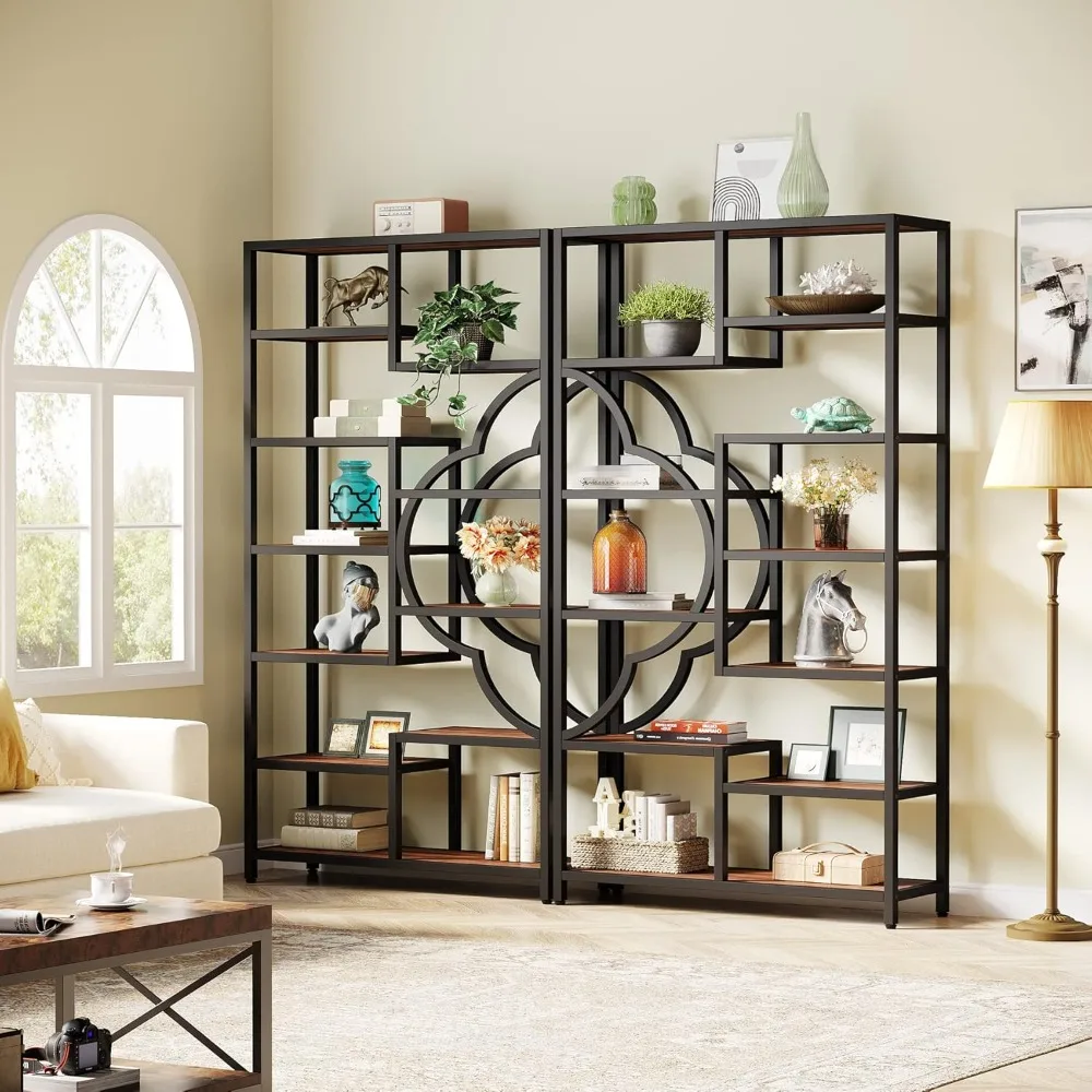 Bookshelf Set of 2, Large Bookcase Unique Four Leaf Clover Shape Design, Industrial Etagere Display Shelves for Home & Office