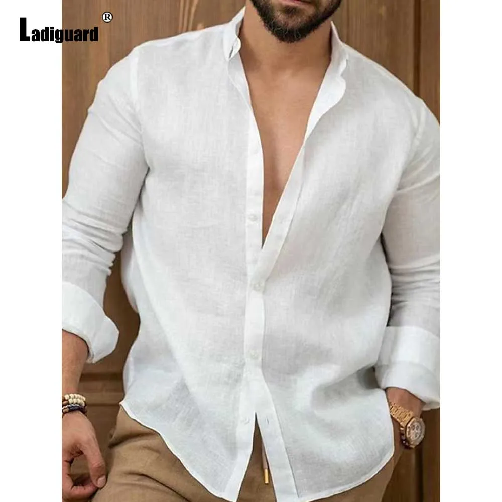 

Men Long Sleeves Cotton Linen Blouse Sexy Mens clothing 2024 America Europe Fashion Street Basic Tops Casual Shirt blusas Hommes