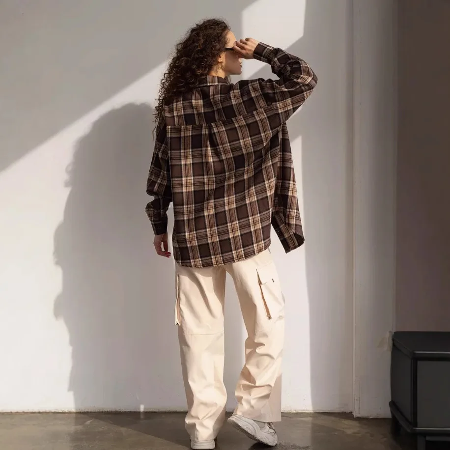 Camisa Camel para mujer, camisa holgada a cuadros de manga larga, cárdigan, Top informal para mujer, camisa Vintage con botones, cuello tipo Polo, mezcla de algodón