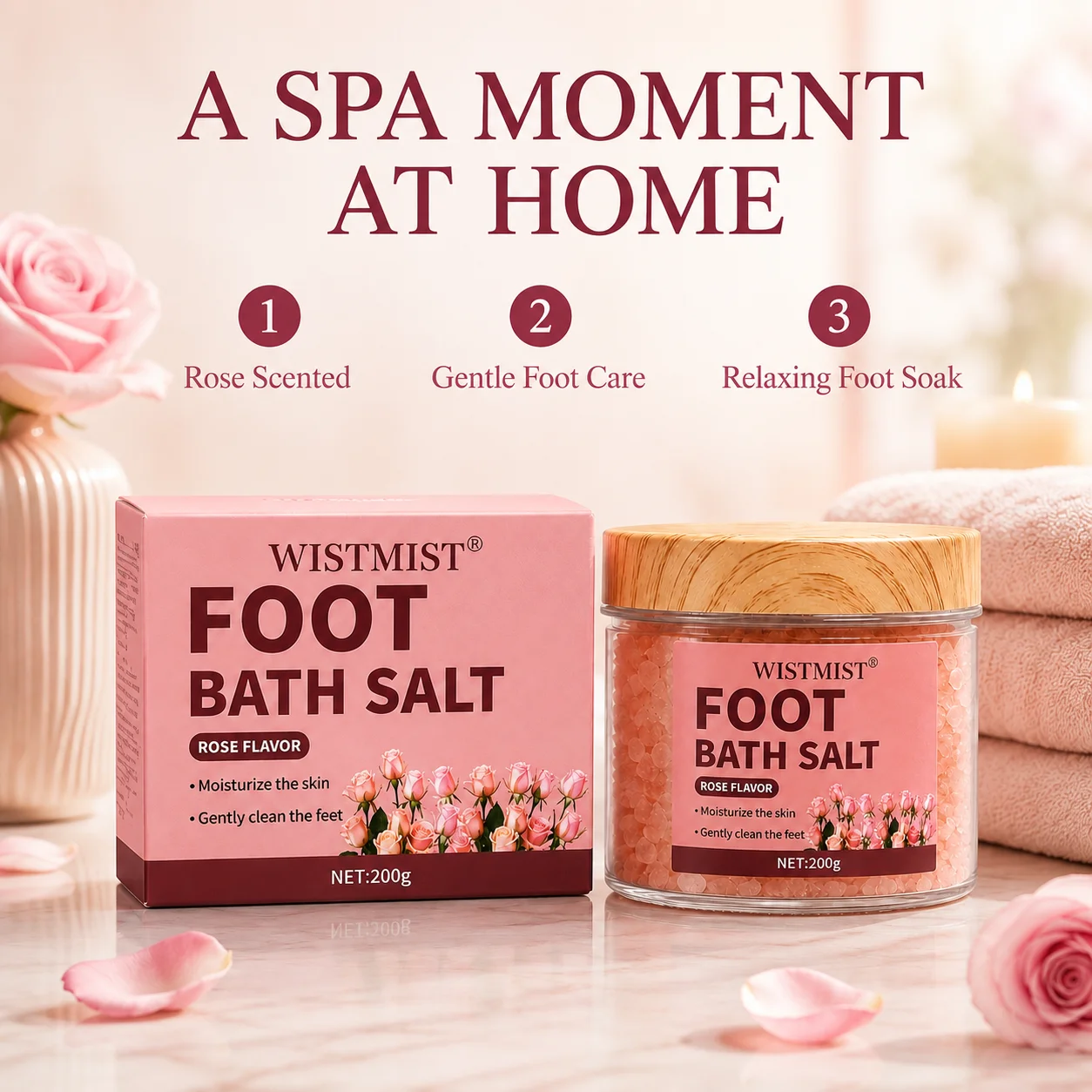 WISTMIST Rose Foot Soak Bath Salt 200g, Relaxing Foot Spa Soaking Salts for Tired Feet, Moisturizing Foot Bath Crystals, Home Pedicure Spa Foot Care, Rose Scented Bath Salt for Women Men Self Care Gift