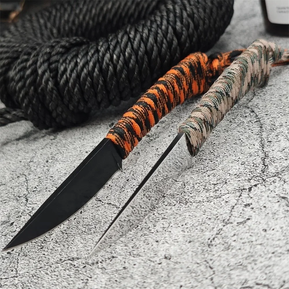 Durable Outdoor Fixed Blade Knife 440C Steel Blade with Nylon Rope Handle Jungle Hunting Camping Self-Defense Tool with Sheath