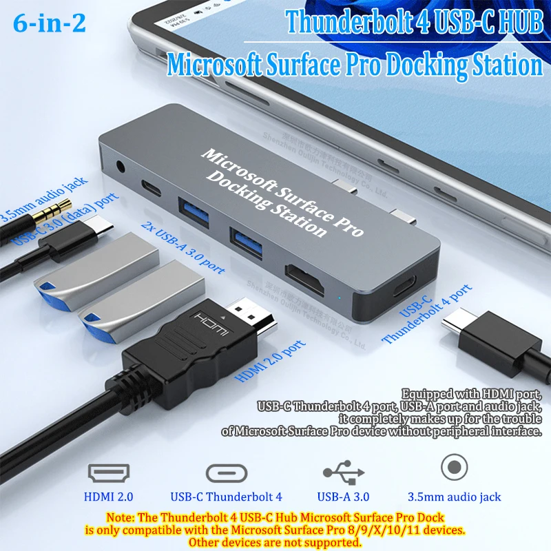 Surface Pro 11/10/X/9/8 ハブ（4K HDMI、Thunderbolt 4（8K