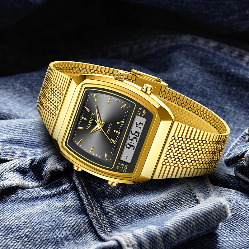 FoxBOX Quartz Sport Watch Fashion Golden Steel Strap Men Dual Time Week Display Digital Wristwatch Waterproof Clock Reloj Hombre
