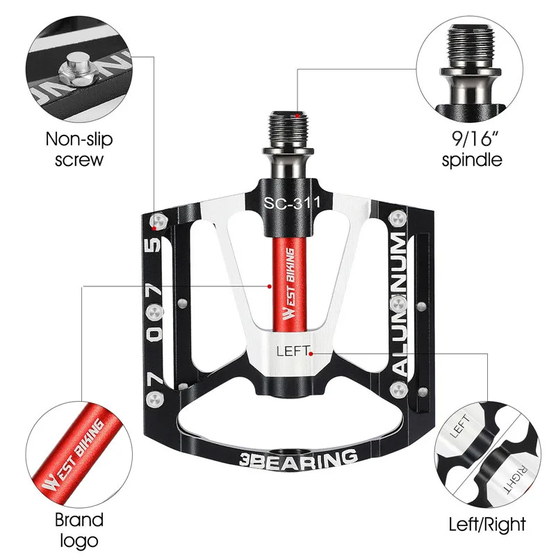 WEST BIKING MTB Aluminum Alloy Pedals 3 Bearings/DU Bushing Ultralight Bicycle Pedals Widen Cycling Pedals BMX Bike Parts