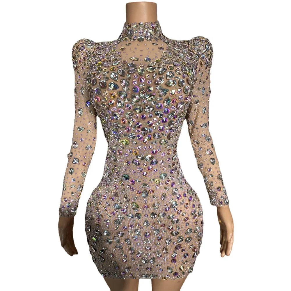 Sparkly AB Rhinestones Sexy Mesh See Through Short Dress Prom Party Evening Celebrate Birthday Dress for Women Show Stage Wear