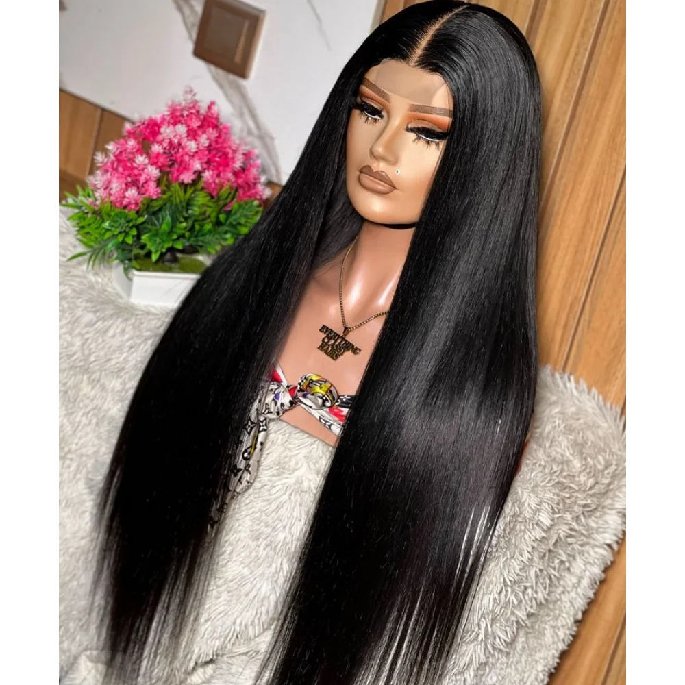 

26Inch 180Density Glueless Black Long Soft Straihgt Lace Front Wig For Women With Baby Hair Preplucked Daily