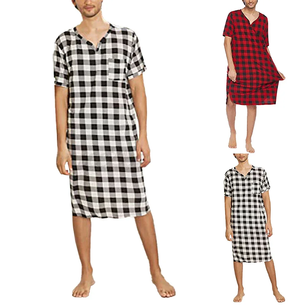 Mens Lattice Short Sleeve Bathrobe V Neck Top Shirt Nightshirt Sleepwear Casual Home Wear Gay Pajamas Nightgown Sexy Loungewear