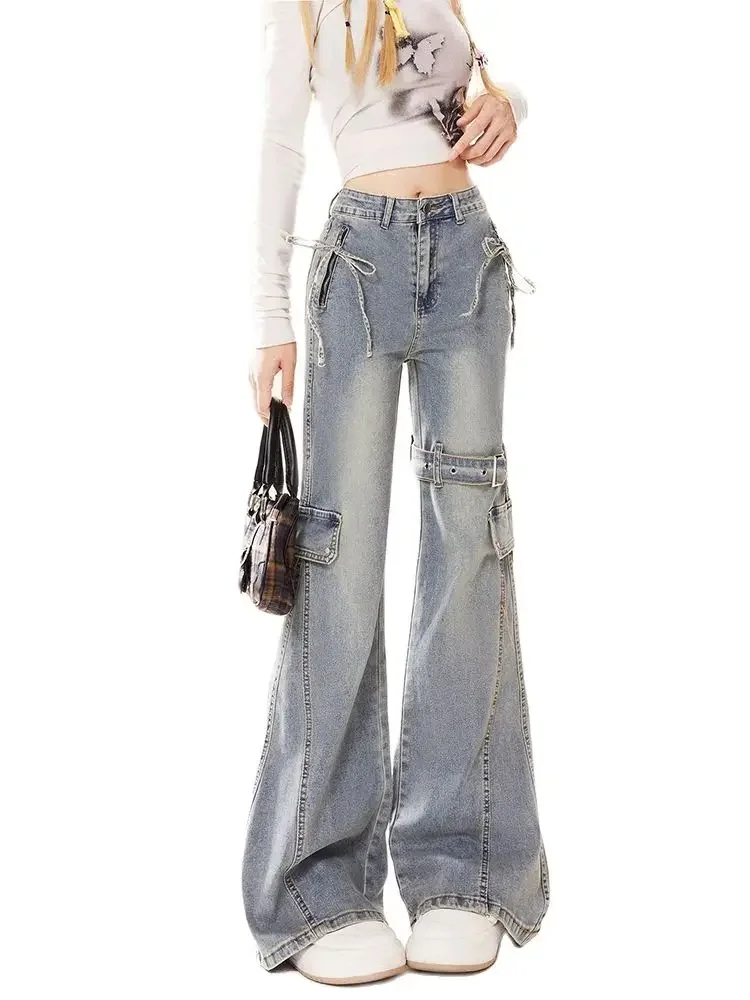 Harajuku Y2k Light Blue Cargo Flare Jeans Women Vintage 2000s 90s Aesthetic Baggy Bow Denim Trousers American Retro Jean Pants