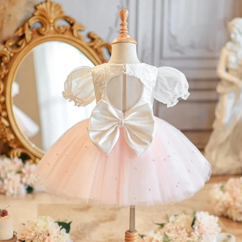 Children's Princess Ball Gown Host Performance Wedding Birthday Baptism Party Pink Flower Girls Dresses A3901 Bridesmaid Dresses