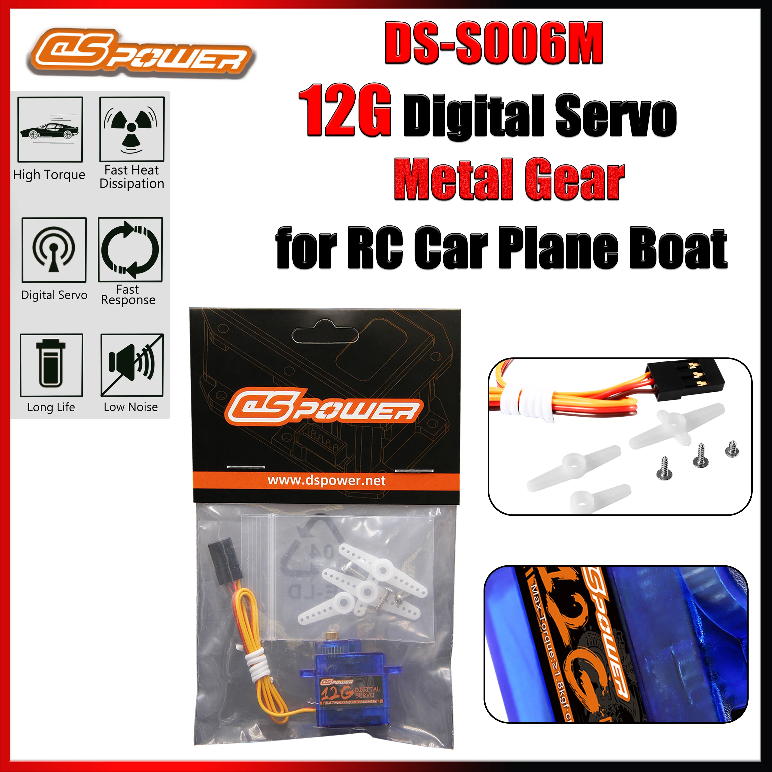 DSpower 12g Mini Motor Metal Gear Standard Servo 4.8~6.0V for Robot Drone Helicopter Airplane FPV RC Car Boat Modle Toy Parts