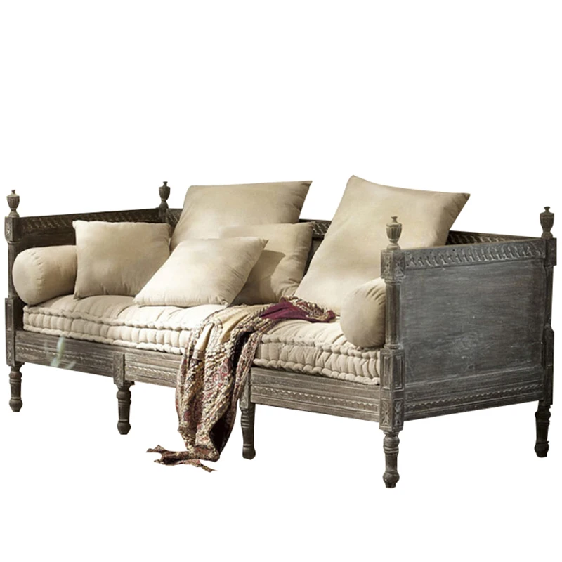 

American French winter solid wood three-person sofa combination living room retro fabric pull-out bed oak medieval simple