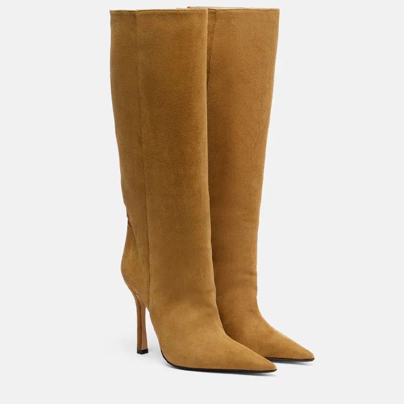Botas Altas de Gamuza de Color Liso para Mujer, con Punta Fina, Tacón de Aguja, Caña Ancha y Tubo Largo, Ideales para Fiestas y Vestidos