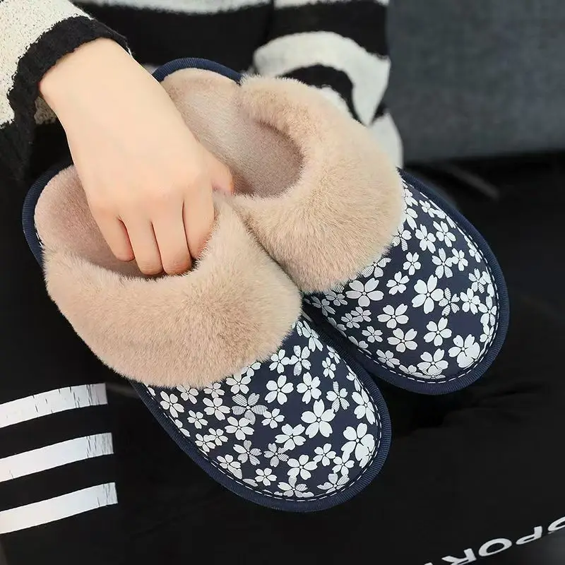 Baotou-Pantoufles en Cuir et Coton pour Femme, Semelle Souple, Antidérapante, Peluche Chaude, Imprimées, Imperméables, pour la Maison, Nouvelle Collection Hiver