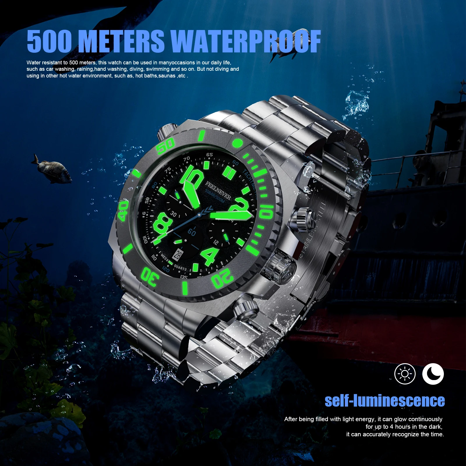 FeelNever Prefessional Esporte cronógrafo Relógio de Quartzo Para Homens Safira Aço Inoxidável Mostrador Grande Mergulho Relógio Automático Reloj Hombre