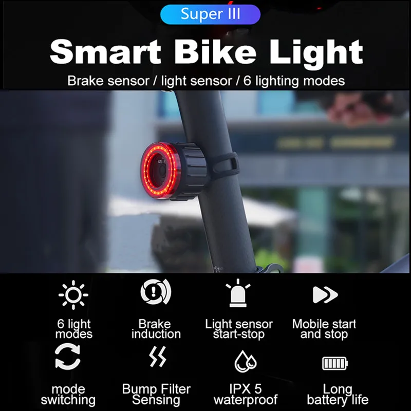 Bicycle Smart Brake Sensing Taillight Auto Start / Stop Night Riding Bike Safety Warnin LED Rear Light USB Rechargeable Tailligh