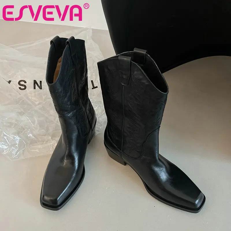 

ESVEVA 2025 Winter Edition Рыцарские сапоги с кожаными рукавами Женские сапоги с квадратной головкой и средним рукавом Ретро-сапоги для лошадей, Размер: 34-40