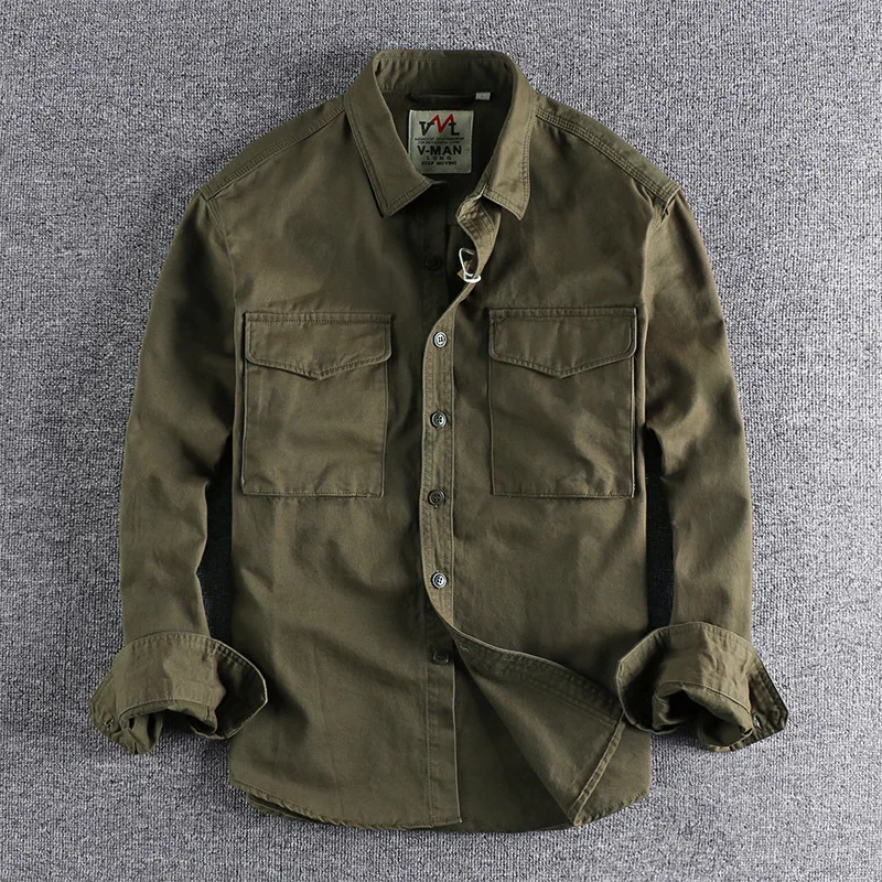 SUSOLA-camisa de carga de pana Retro americana para hombre, abrigo de algodón puro de manga larga con bolsillo, informal, Color sólido, primavera y otoño