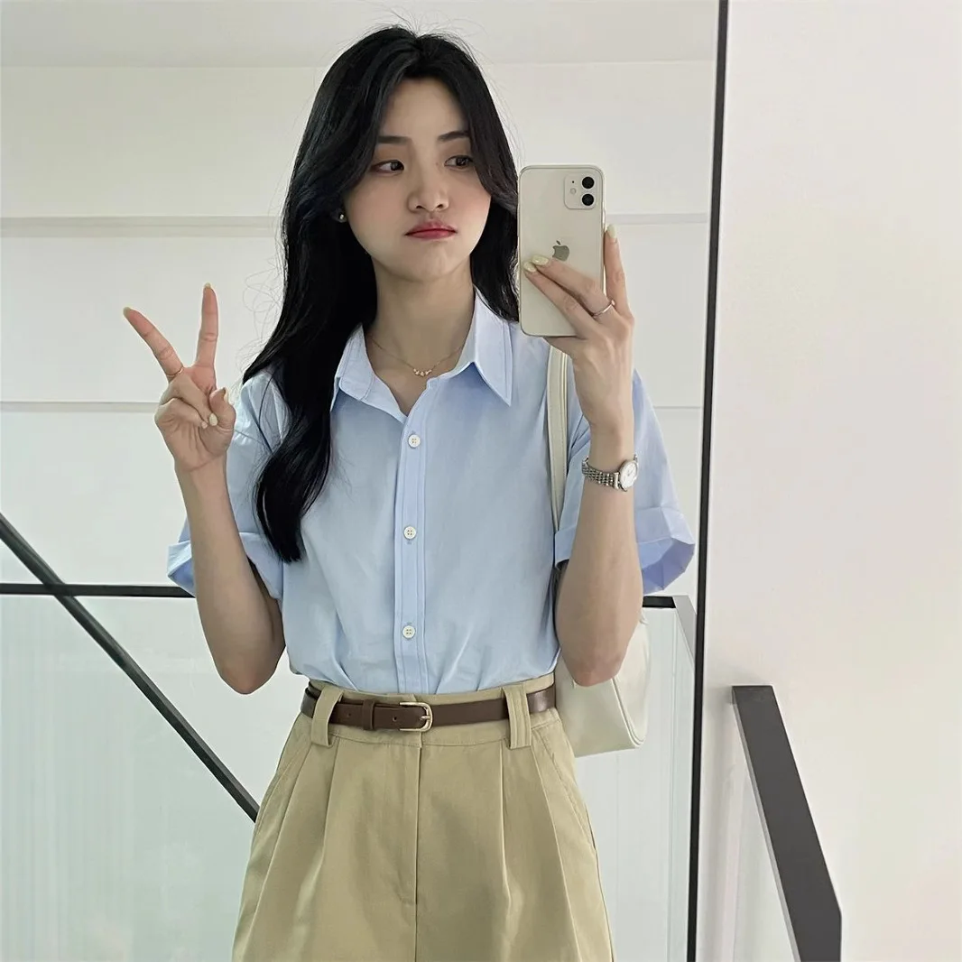 2025 décontracté à manches courtes chemise femme été tout-match ample col rabattu Blouse femme coréenne Simple boutonné chemises de travail