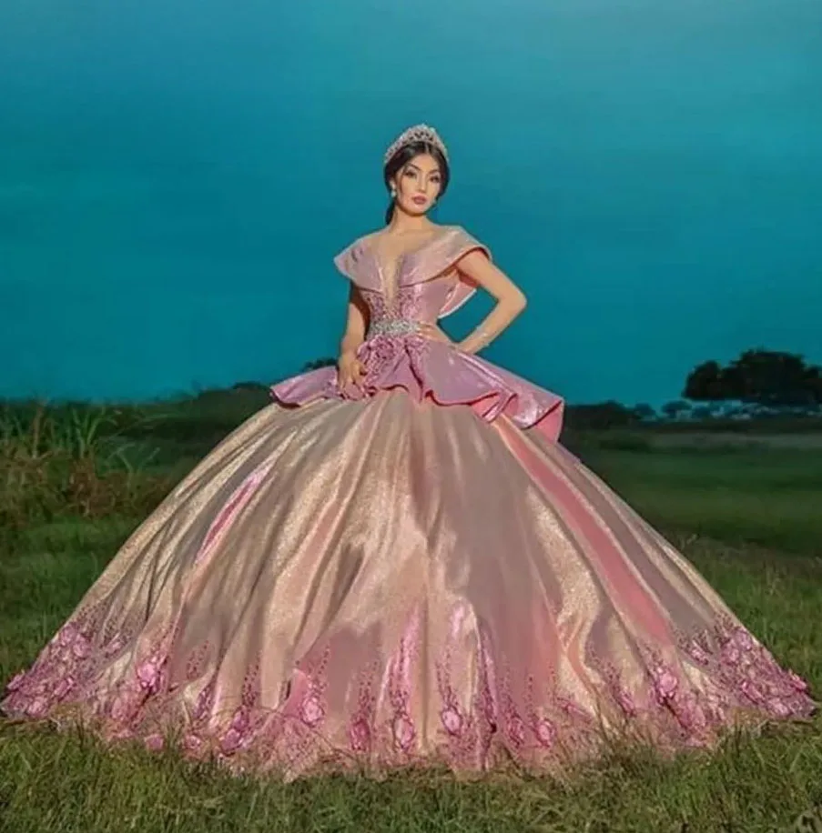 Pink Princess Quinceanera Dresses Ball Gown Off The Shoulder Appliques Sweet 16 Dresses 15 Años Customized