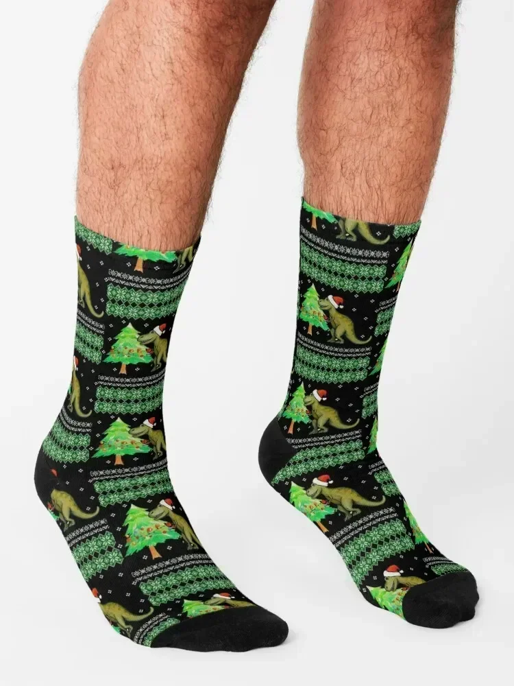 T-Rex Christmas Ugly Christmas Dinosaur Christmas Socks cool floral happy essential Girl'S Socks Men's