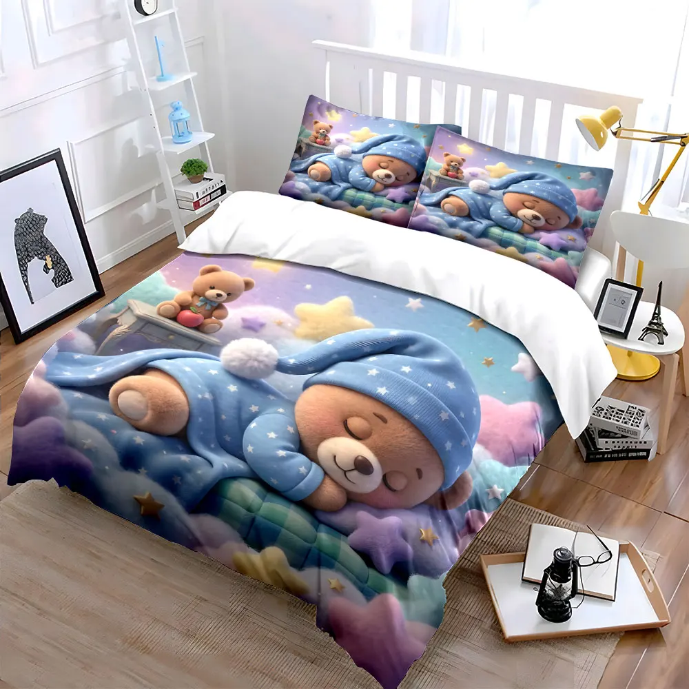 Sleeping teddy bear in dreamland Bedding Set for Kids Luxury Gift 3pcs Digital Print Comforter Set Soft Comfortable Breathable