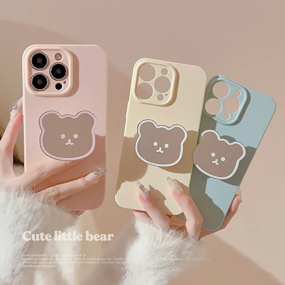 Koreanische Candy Farbe Telefon Fall Mit Cartoon Bär Spiegel Halterung Für iPhone 16 15 14 13 12 11 Pro max Stoßfest Schutzhülle