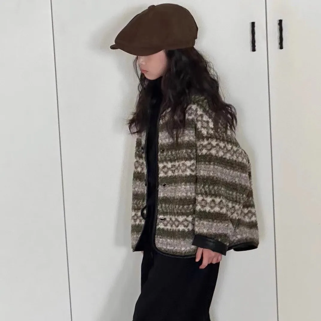 Girls Outerwear Cashmere Wool Stripes Quilted Cotton Thick Outer Layer 2025 Autumn and Winter Clothing New Children Clothing