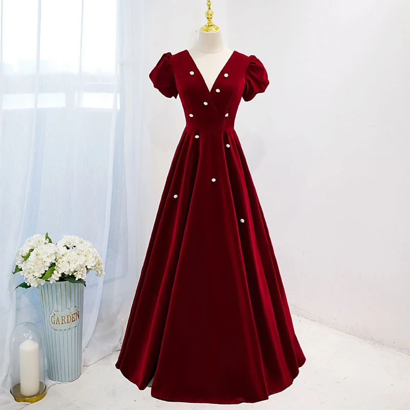 

Evening Dress Burgundy Elegant Pleat Floor Length Short Sleeves A-Line Deep V-Neck Lace Up Plus Size Women party Dresses B2539