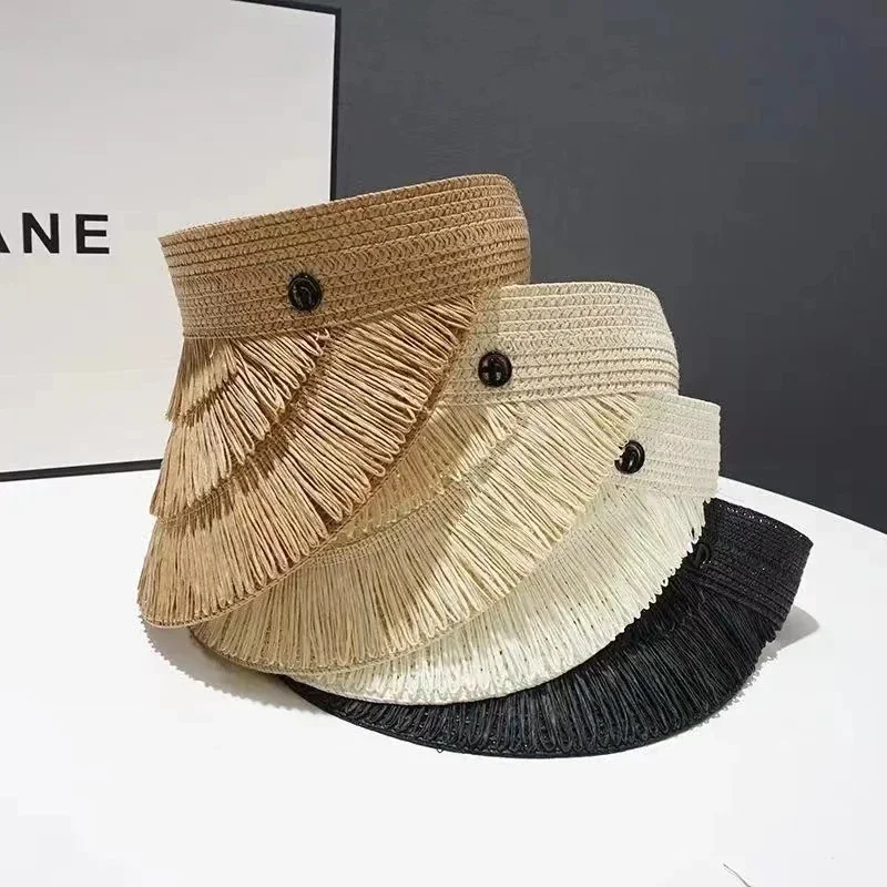 

RH Spring Summer New Fashion Visor Straw Hat Female Tassels Design Empty Top Outdoor Women Sun Caps