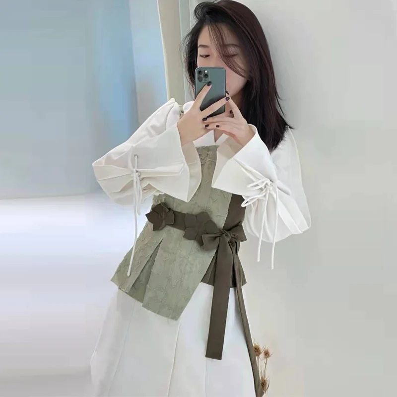 

Блузка из шифона Salt Series, женская рубашка средней длины с поясом и расклешенными рукавами, белого цвета, универсальная рабочая одежда, прямого кроя