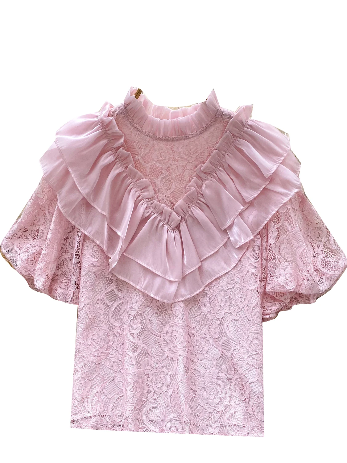 

Ele Lace Bubble Sve irt Women's Summer 2025 New High-End Feel Patchwork Slimming Top Korean Sle Loose Fit ort Sl...
