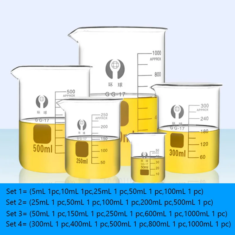 1 set Lab Borosilicate GLass Beaker Chemical Experiment Laboratory Equipment All Sizes Glass Low Form Beaker Heavy Wall