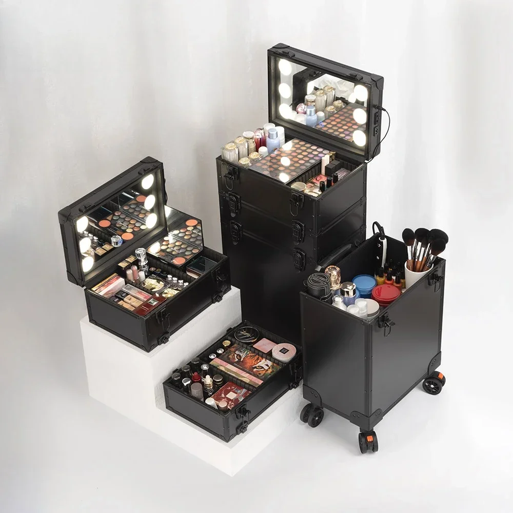 

2021 new high-grade aluminum alloy professional cosmetic case, makeup artist with lamp tie rod multi-layer large-capacity replac