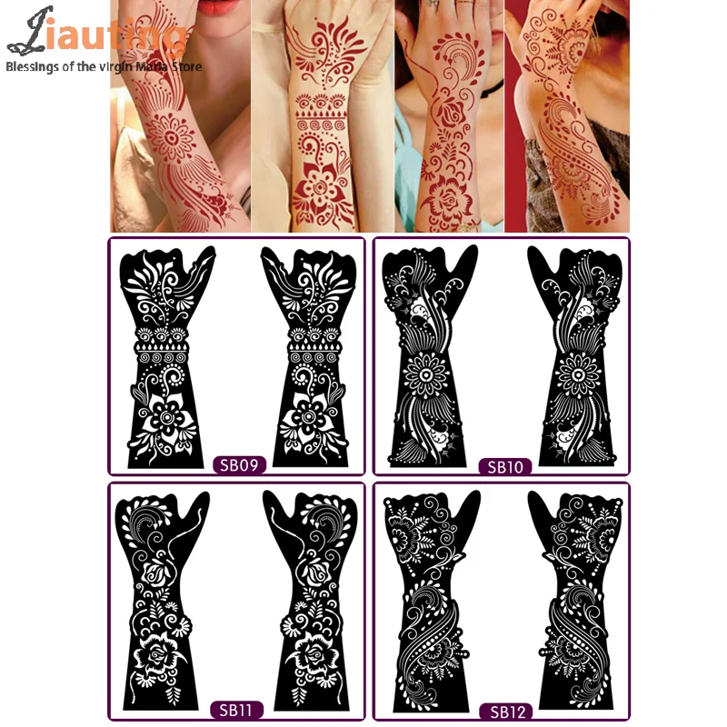 1Pair Black Hand Transfer Temporary Tattoo Stickers Hand Henna Tattoo Template For Women Body Painting Flowers Tattoo Stencil