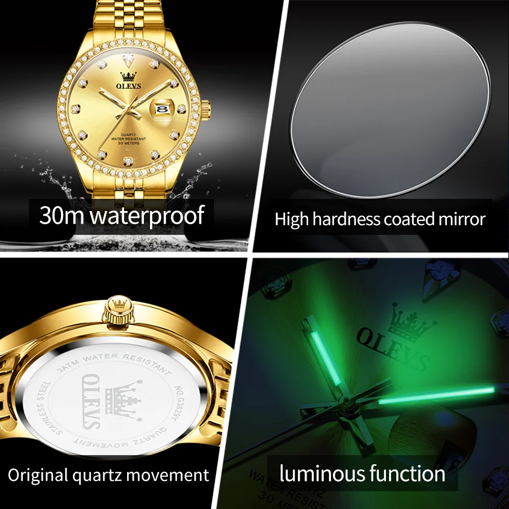 OLEVS Brand Couple Watch Stainless Steel Luxury Gold Watch Waterproof Luminous Calendar Quartz Men's and Women Couple Watches
