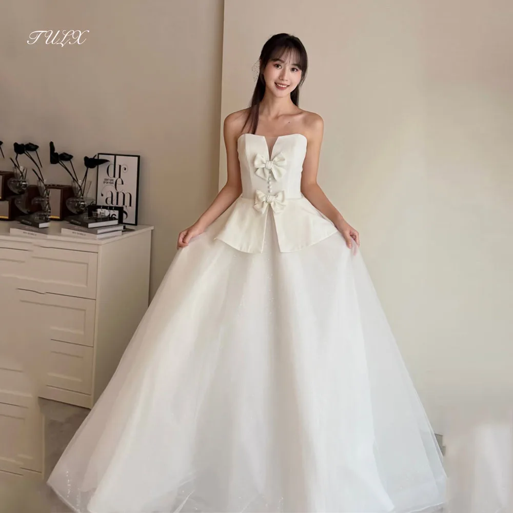 

TULX Ivory Tulle A line Long Wedding Dresses Korea Photo Shoot Strapless Sleeveless Bridal Gowns Zip Back Customized 웨딩드레스