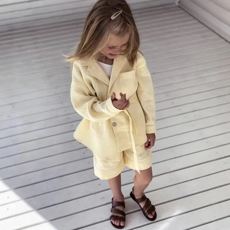 Set Children Girl Spring Summer Cotton Solid Shirt Coat A Lace-up Corset Elastic Waist Shorts Fashion Daily Brief Casual