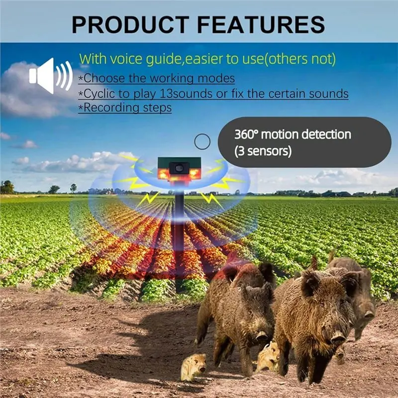 ABJF-Alarms Motion Sensors, 130 DB Noise Level, 13 Sounds& 360° Detection, Solar Powered Outdoor Systems Supports Recording