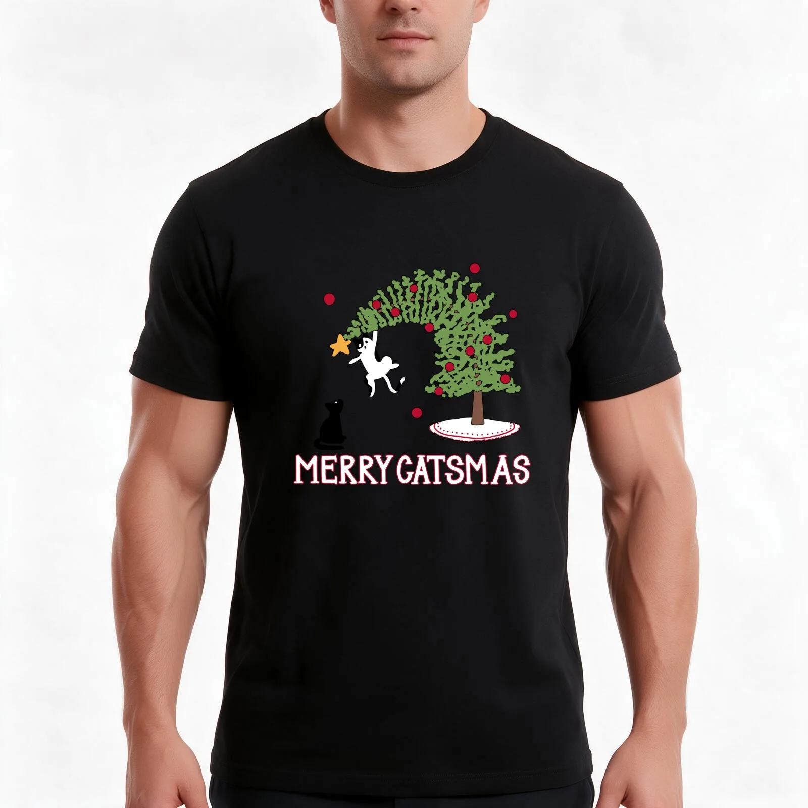 Merry Catsmas T-Shirt, Summer Casual Cotton Tee, Oversized Streetwear Tops, Vintage Graphic Print, Loose Fit Short Sleeve